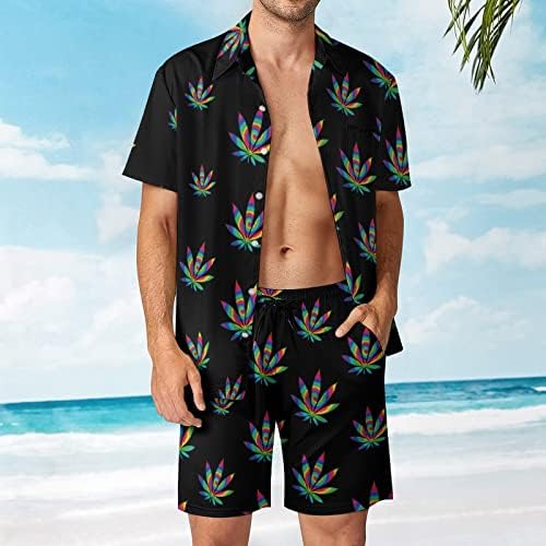 Weedkeycat Tie Dye Dye Weed Man's Pach Облека 2 парчиња Хавајско копче надолу со кошула Краток ракав и шорцеви