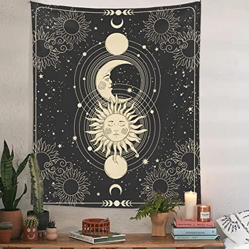 HQCUPB Sun and Moon Tapestry црно -бело таписерии ќебе со психоделично сонце и дизајн на starвезди популарен мистичен wallид што виси за естетска