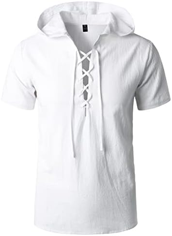Atryone Mens Casual памук чипка на маици со кратки ракави Ретро V-вратот Худи