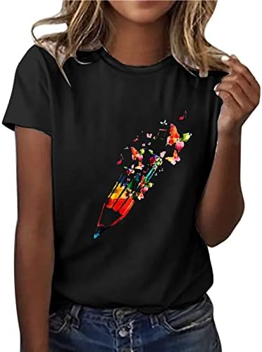 Lummerенски летни врвови трендовски шарена пеперутка печатена маица со кратки ракави, обична лабава пуловер тунична маичка