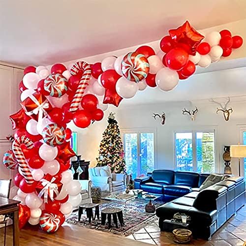Божиќ Балон Венец Лак Комплет - 160 Пакет Бели Црвени Латекс Балони Со Божиќ Круг Бонбони Трска Ѕвезди Фолија Хелиум Балон ЗА Божиќ