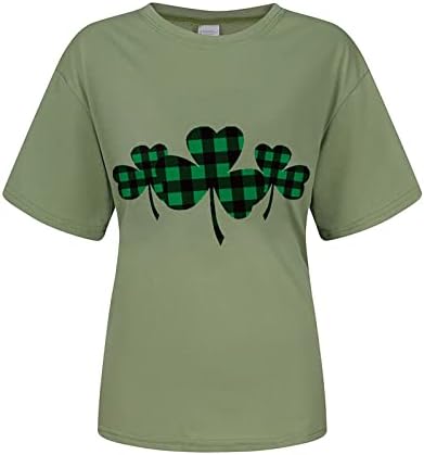 Ден на Свети Патрикс Четири лисја карирана кошула за печатење за жени Шамрок Обичен екипаж на кратки ракави на кратки ракави ирска блуза
