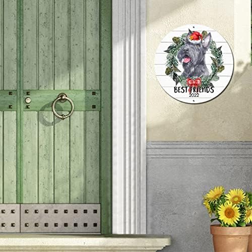 Тркалезен метален знак Плакета цветни венец куче најдобри пријатели Божиќни венец знак метална уметност отпечатоци изморени дома