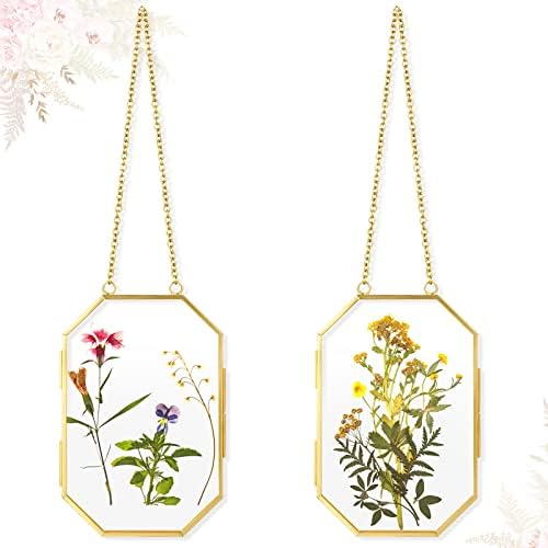 2 парчиња златна лебдечка рамка двојно чиста висечка стаклена рамки за притиснати цвеќиња Октагон геометриски лебдечки рамки рамки за