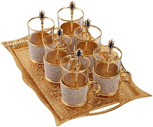 XL турски чај чаши поставени со лажици и послужавник, украсени со кристали од типот Сваровски и бисери