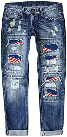 Женско американско знаме за крпење на дечко, потресено истегнување на фармерки за Wome на 4 -ти јули уништени фармерки на Капри
