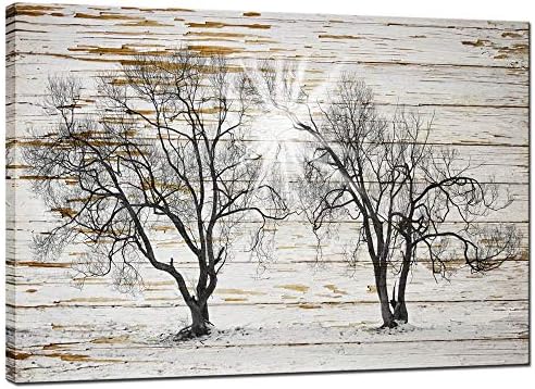 Сечари - црно -бело дрво во изгрејсонце на рустикално дрвена позадина платно печати зимски пејзаж слика giclee print на платно,