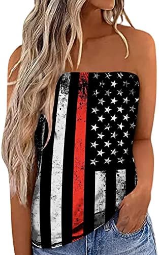 Women'sенски без ретроспективно банда, американско знаме печатено цевка Топ 4 -ти јули без ракави, летни резервоари за летни резервоари