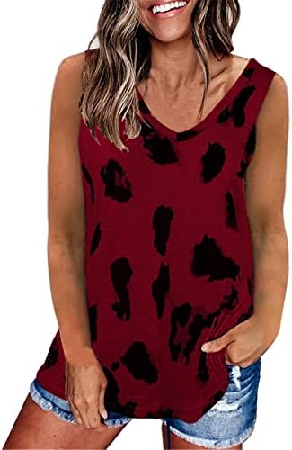 Lcepcy леопард печати летни резервоари за жени кои се обични V вратот без ракави кошули лабава вклопена туника блузи облека