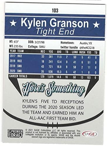 Kylen Granson RC 2021 Sage Hit Premier Draft Silver 103 Rookie NM+ -MT+ Фудбалска паралелна верзија