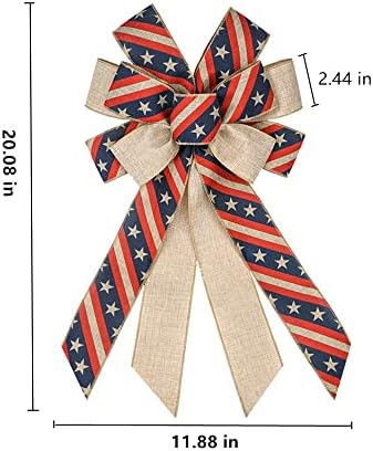 Големи патриотски лакови за венец, спомен -ден на венецот лак на 4 -ти јули лакови Америка знамето Бурлап црвено сино бело starsвезди ленти