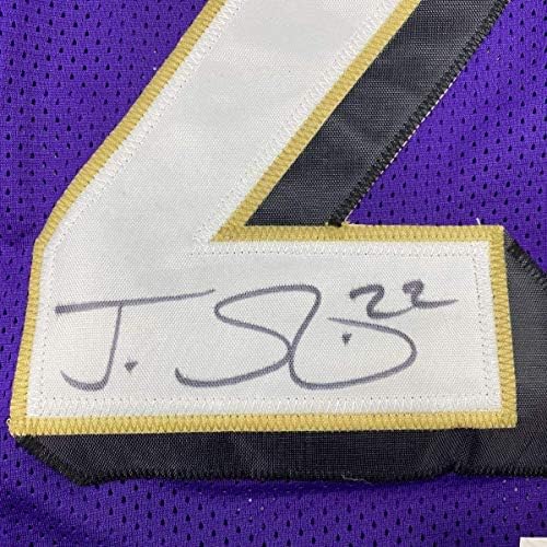Врамено автограмиран/потпишан Jimими Смит 33X42 Балтимор Виолетова фудбалска дрес Jsa COA