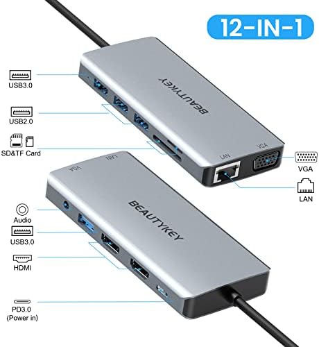 УСБ Ц докинг станица Трикратен дисплеј, 12 во 1 USB C Hub MultiPort адаптер Двојна монитор 2 HDMI VGA, Gigabit Ethernet, 100W