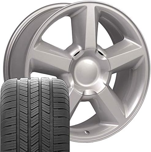 OE Wheels LLC 20 инчи бандажи се вклопува пред 2019 Silverado Sierra пред-2021 Tahoe Suburban Yukon Escalade CV83 20x8.5 Сребрени тркала Goodyear LS2 гуми
