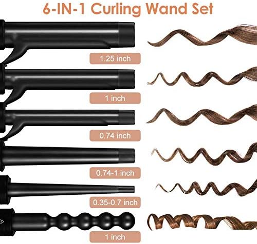 Ironелезо за виткање, 6-во-1 брадавици за виткање, брадавици за виткање на коса за долга кратка коса PTC керамички виткање на виткање со прилагодлива температура со двој