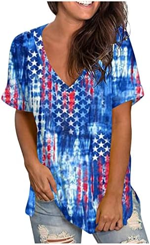 Туника врвови жени краток ракав на 4-ти јули патриотски печатени врвни обични кошули со блузи од врат