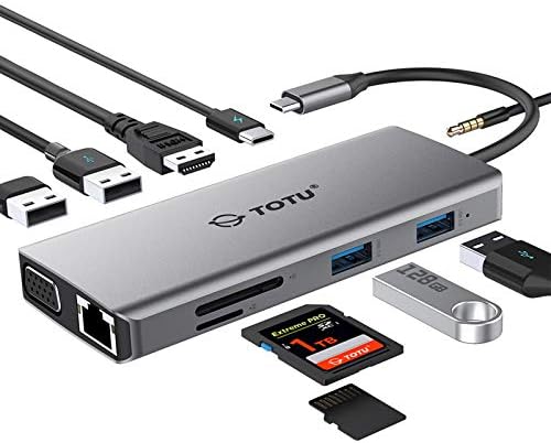 USB C Центар, Тип C Центар, Totu 11-во-1 Адаптер Со Ethernet, 4K USB C ДО HDMI, VGA, 2 USB3. 0 2 USB2. 0, Микро Sd/TF Читач На Картички,