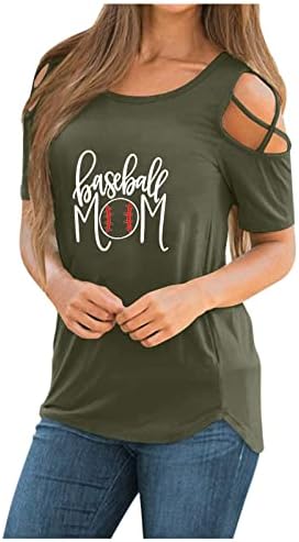 Женски обични маички со ладно рамо на ладно рамо, кратки ракави, тркалезно писмо со вратот, печати бејзбол мајки кошули Sumemr Top