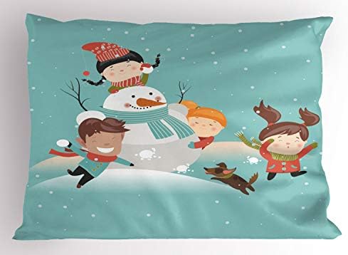 Зимска перница на Амбесон, цртан филм со кучиња кои се забавуваат со играње снежни топки борба со снежни среќа, печатење, декоративна стандардна големина печатена ?