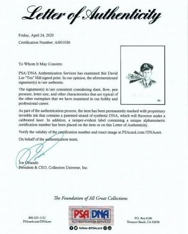 Дејвид Текс Хил потпиша печатење PSA DNA AH01036 WWII ACE 18.25V - автограмирана MLB Art