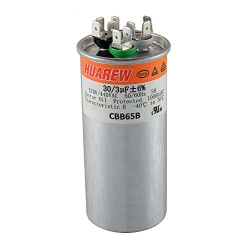 Huarew 30+3 uf ± 6% 30/3 MFD 370/440 VAC CBB65 Двојна патека за почеток на кондензаторот директно ладно или топлинска пумпа