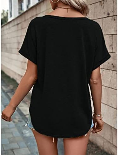 Женски маички летни трендовски цврсти бои кратки ракави со кратки ракави V-вратот за пулвер, блуза удобна памучна маичка маици врвови