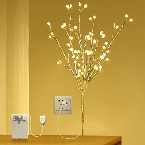 Златни гранки на златните гранчиња 24in 72 LED светла со тајмер, USB или вештачка гранка со вештачки дрвја со топло бело среќно цвеќе за одмор,