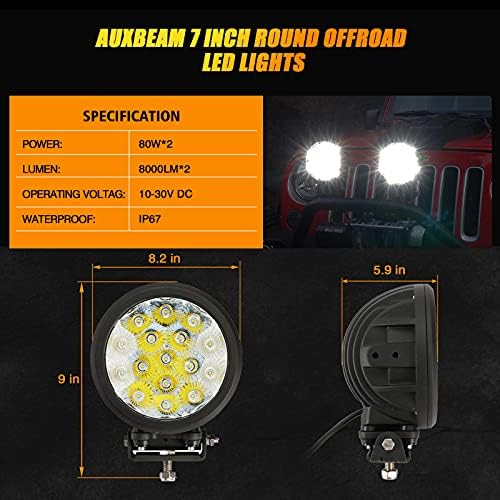 Auxbeam 7 Тркалезни LED Светла За Возење 2 Парчиња, 160w LED Надвор Од Патот Светлосна Лента, 16000lm Комбо Зраци Теренски Возила Работни Светла
