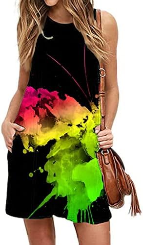 Дами резервоар фустан 3Д цветен графички печатење на ракави без ракави летен случајн лабав проток на плажа со џеб