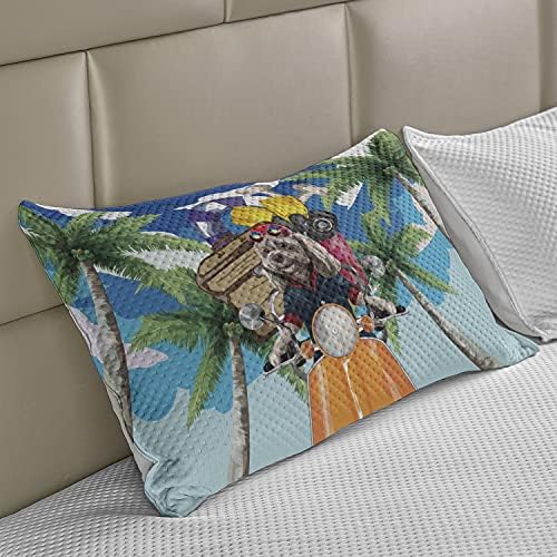 Возач на кучиња Ambesonne плетени ватенка перница, кученце во тропски остров со палми на тема за одмор на моторцик за патувања, стандардна покривка за перница со големи?