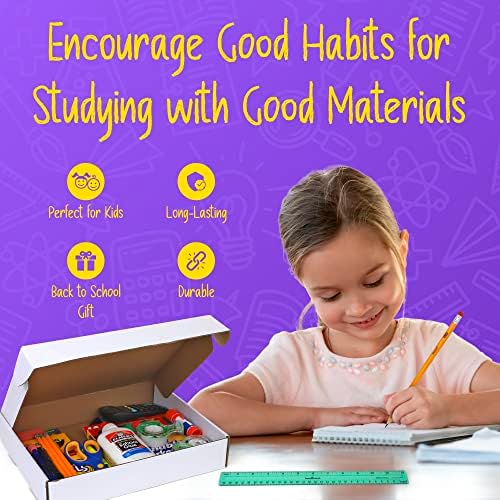 Комплет за училишни материјали - Вклучува владетел, острилка за моливи, магична лента, лента за корекција, нагласувачи, ножици, обоени маркери