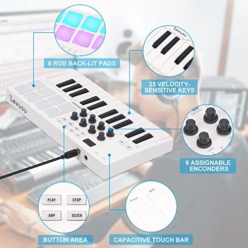25 Клучни контролор на тастатура со Bluetooth USB MIDI со 8 тапани со тапан, преносни динамички прицврстувачки динамички клучеви и производство
