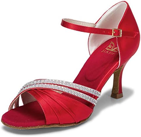 Jiajia 20524 женски сатенски сандали со разгорување на пета латински салса перформанси танцувачки чевли