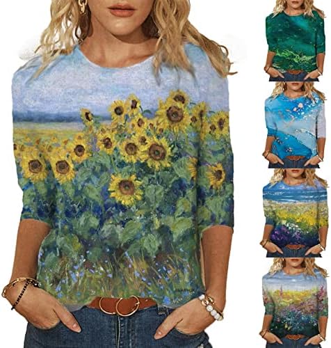 Адонг жени кошули 3/4 ракав, летни необични печати за печатење на пеперутка околу вратот лабав пуловер удобни меки блузи