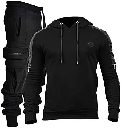 AMTF 2021 MENS 2-парчен обичен качулки пулвер џемпер врвови + панталони за влечење џеб сет спортски фитнес фитнес сетови