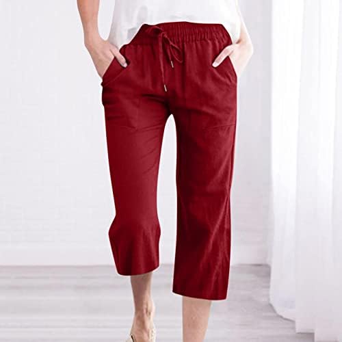 Фелегд Капри панталони за жени случајни летни летни влечења еластична висока половината цврста боја лабава удобна постелнина панталони