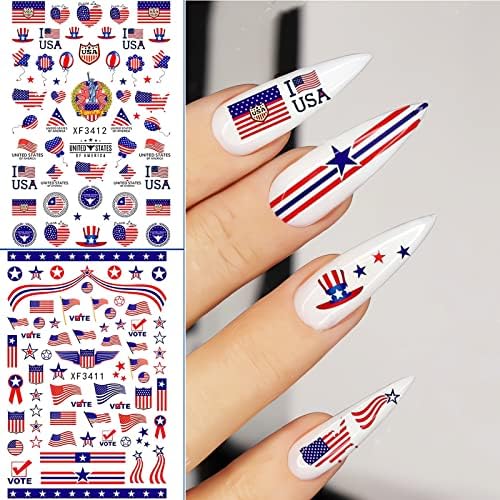 8 листови налепници за уметност на нокти на 4 јули, 3Д самолеледно американско знаме за срцев нокти за патриотски жени за декорација