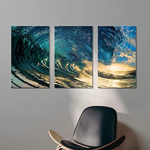 Океански бран слика на wallид Декор: морнарица сина бран wallидна уметност зајдисонце сликарство Seascape Sunrise Searse Mearts за