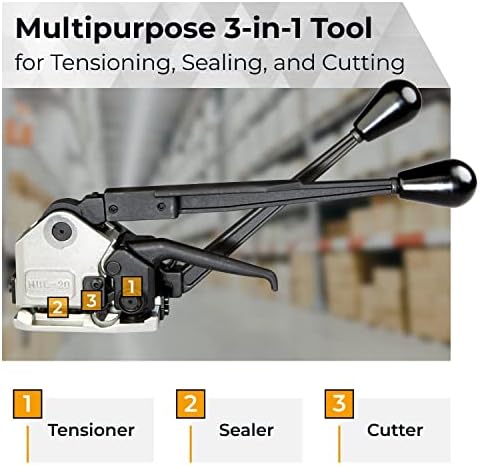 IDL пакување Teknika MUL-20 алатка за комбинирана тешка заптивка за високо затегнување челик, прилагодлив за ширина од 3/4 и 5/8