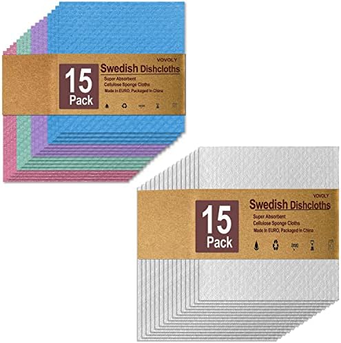 Воволи шведски садови 30 пакувања пакет - вклучува 15 бели и 15 разновидни крпи од сунѓер во боја на целулоза
