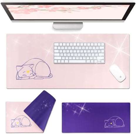 Glopastel Anime Cat Moon Desk Pad | Двојно еднострано бледо пастелно розово виолетова | Водоотпорна кожена кожна матна матка