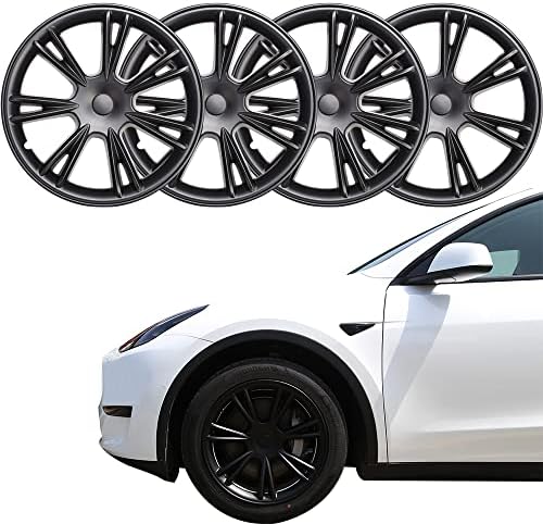 19 -инчни опфаќања на тркалото Hubcap за моделот Tesla Y 2023 2022 2021 Matte Black Wheel Hub Covers со бело лого…