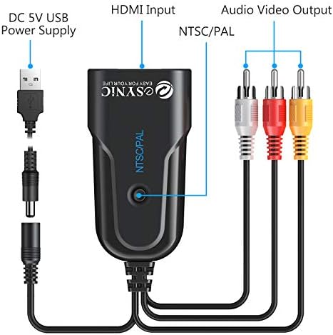 eSynic HDMI ДО RCA Конвертор, 1080P HDMI ДО AV 3RCA CVBS Композитен Конвертор Видео Аудио Адаптер Поддршка PAL/NTSC СО USB Кабел HDMI
