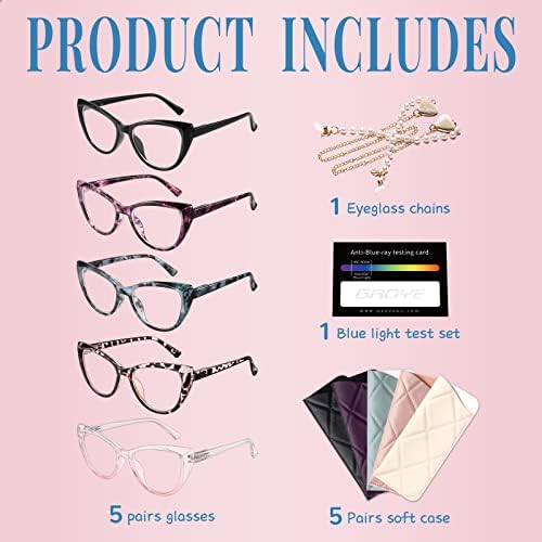 Gaoye 5 пакет модни мачки очи очи за читање очила за жени, компјутерски сини светли читатели против сјај со синџир на очила