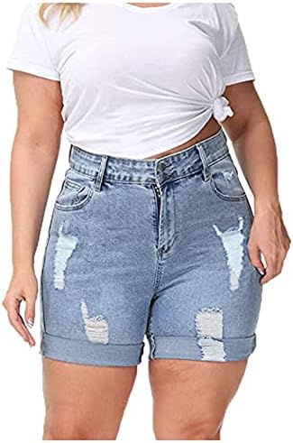 Панталони со панталони со тексас фармерки со затегнати фармерки со мултиконски искинати шорцеви, женски плус големина тексас фармерки, трендовски