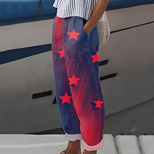 Постелни панталони за жени памук исечени ролни полите високи половини, случајни каприци панталони Ден на независност Графички пантацо панталони