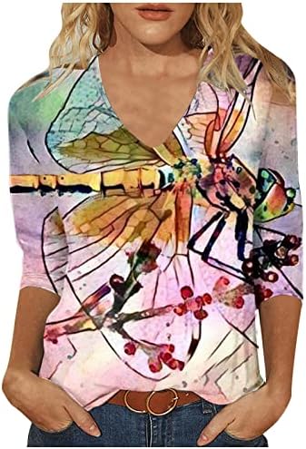 3/4 ракави летни врвови на летни врвови, облечени обични цветни туники боемски пролетен врв и блуза V кошули со должина на лактот на вратот