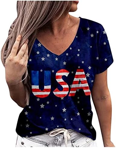 Патриотски кошули за жени Американско знаме лето кратки ракави со кошули со кошули starsвезди лабава вклопени куќички за обична
