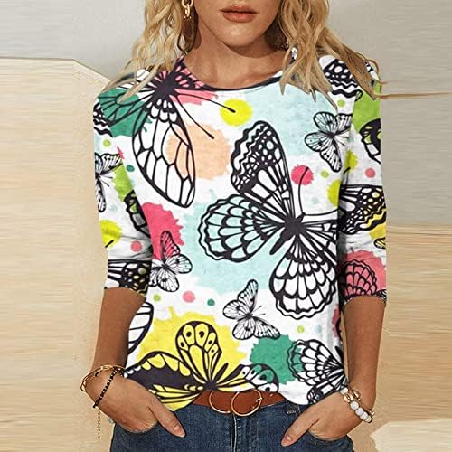 Долг ракав 3/4 ракав, жени есен летен моден екипаж памук графички лабава вклопена обична блуза маица за дама 6Z