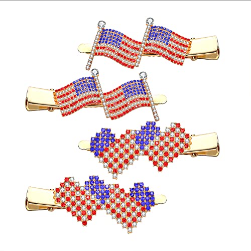 4 ПАРЧИЊА Американско Знаме Патриотски Клипови за Коса 4 јули Шноли Штрасови Црвено Бело Сино Знаме На САД Срце Ѕвезда Алигатор